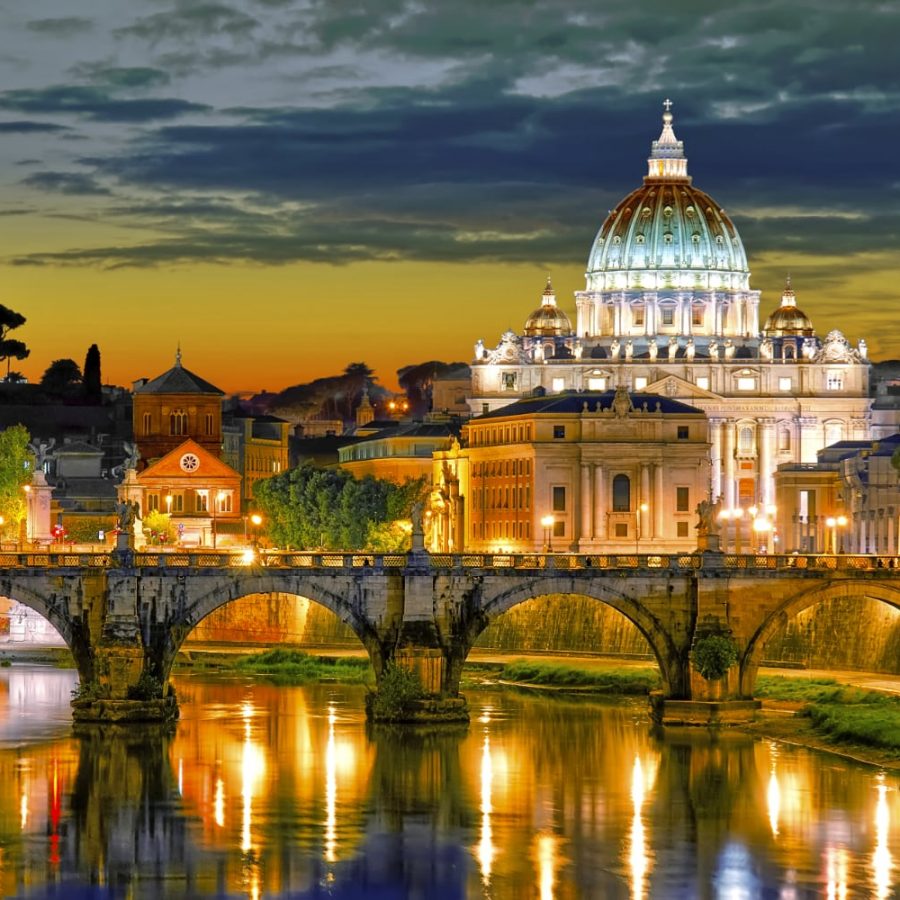 Rome: A stunning view of the St. Peter Basilica's dome by night